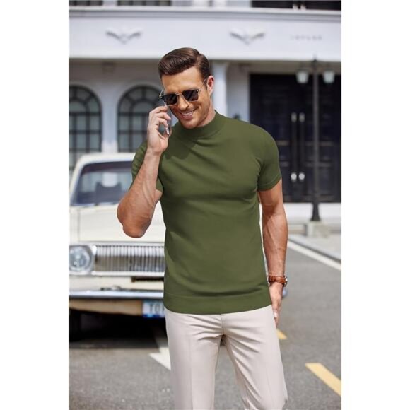 Mens Mock Turtleneck Sweater Short Sleeve Casual Dress Sweater Shirt - Picture 3 of 5